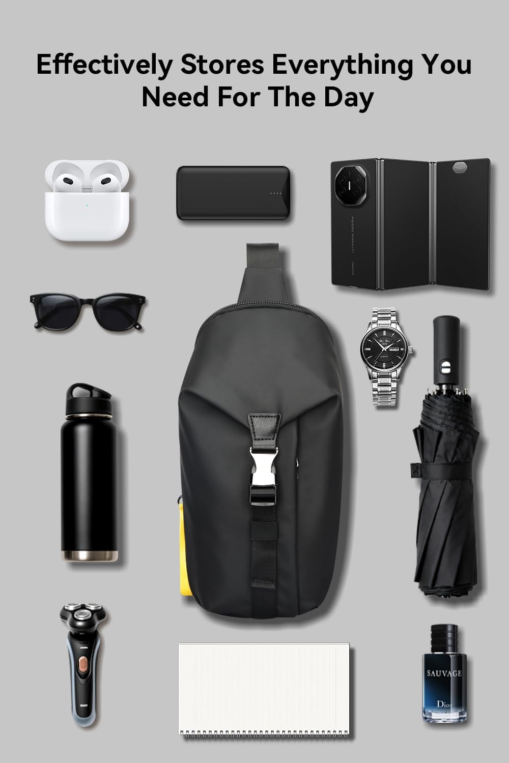 BOPai チェストスリングショルダークロスボディバッグ メンズ ブラック