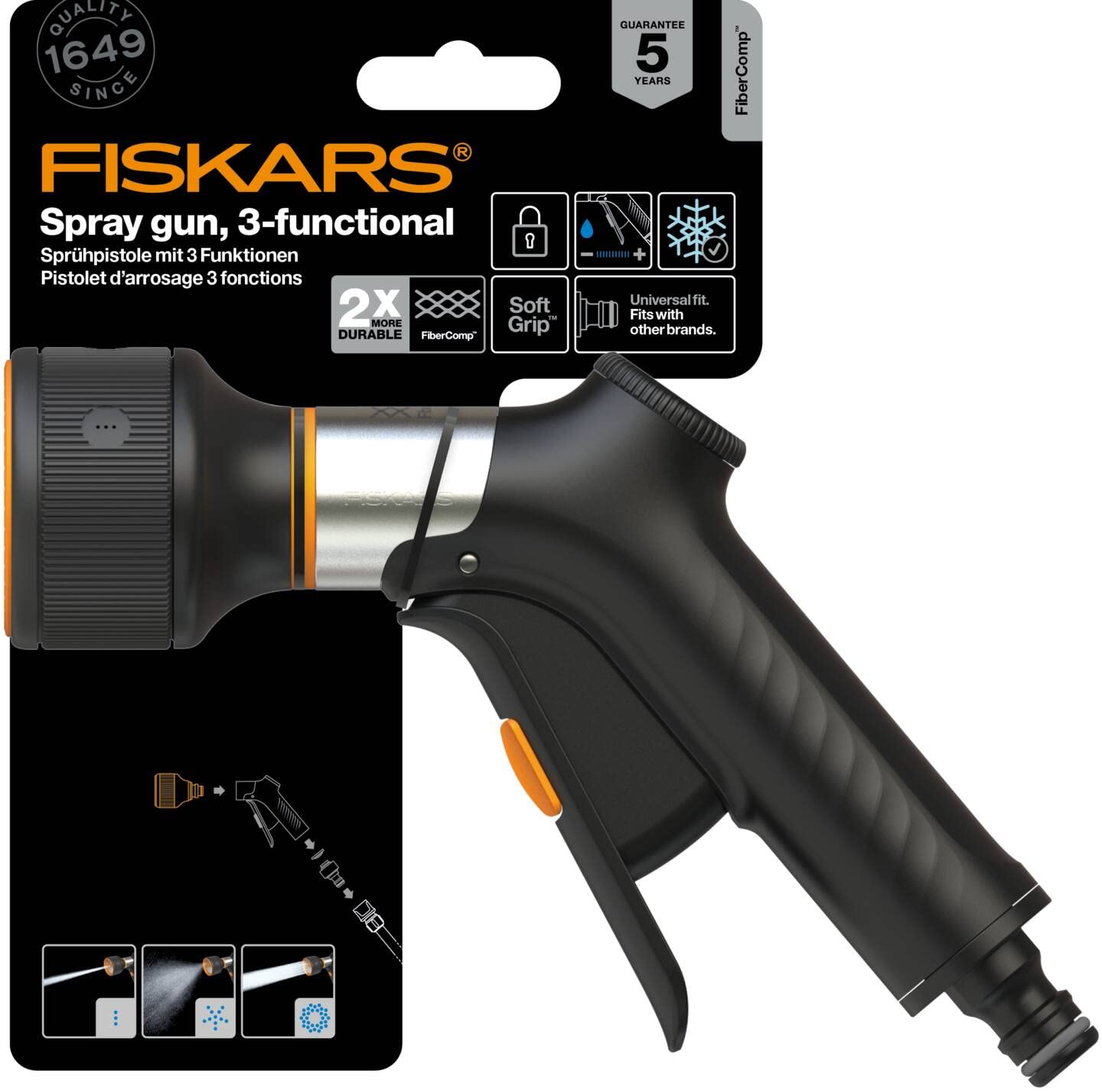 Fiskars Pistolet pulvérisateur, FiberComp, 3 Jets, Débit réglable en continu, Verrouillage marche/arrêt, Filtre à eau amovible, FiberComp/métal, Taille universelle, Noir/Orange, 1067194 | Verrouillage marche/arrêt, Filtre à eau amovible, FiberComp/métal,