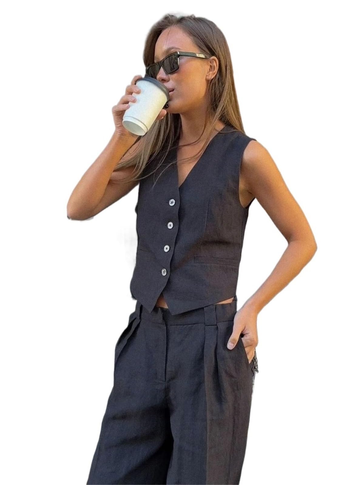Completo Estiva Donna Completo da donna in lino e cotone, elegante, con gilet pantaloni, due pezzi, estivo, ufficio Per viaggiare