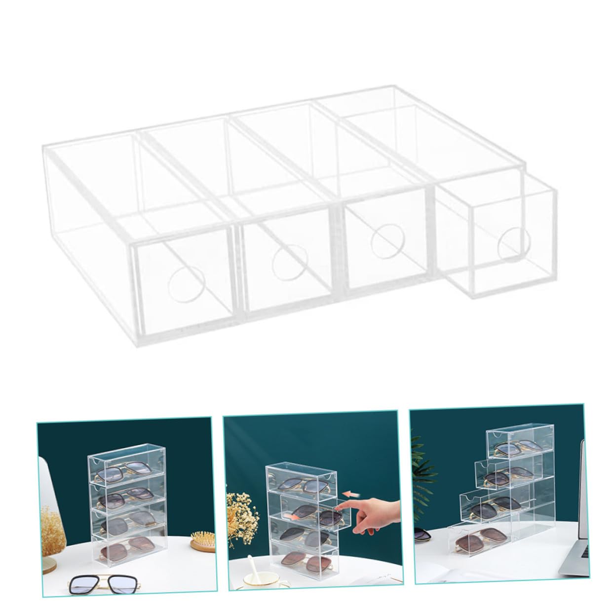 PLAFOPE Étui à Lunettes de Soleil en Acrylique Boîte de Rangement Transparente pour Lunettes Tiroir 4 Niveaux Protection Antipoussière