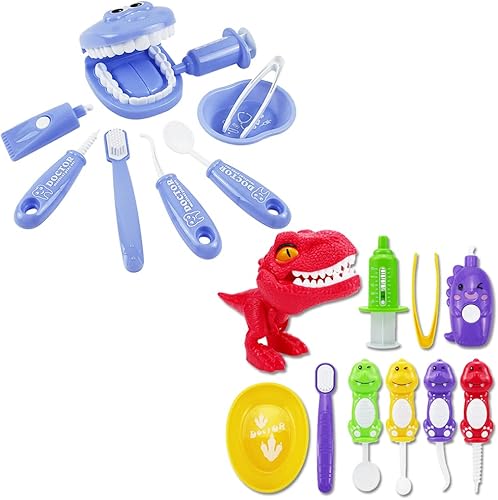 Paquete de 19 piezas 9 piezas de juego de dentista de simulación de plástico (morado) + 10 piezas de juego de simulación de dinosaurio de plástico
