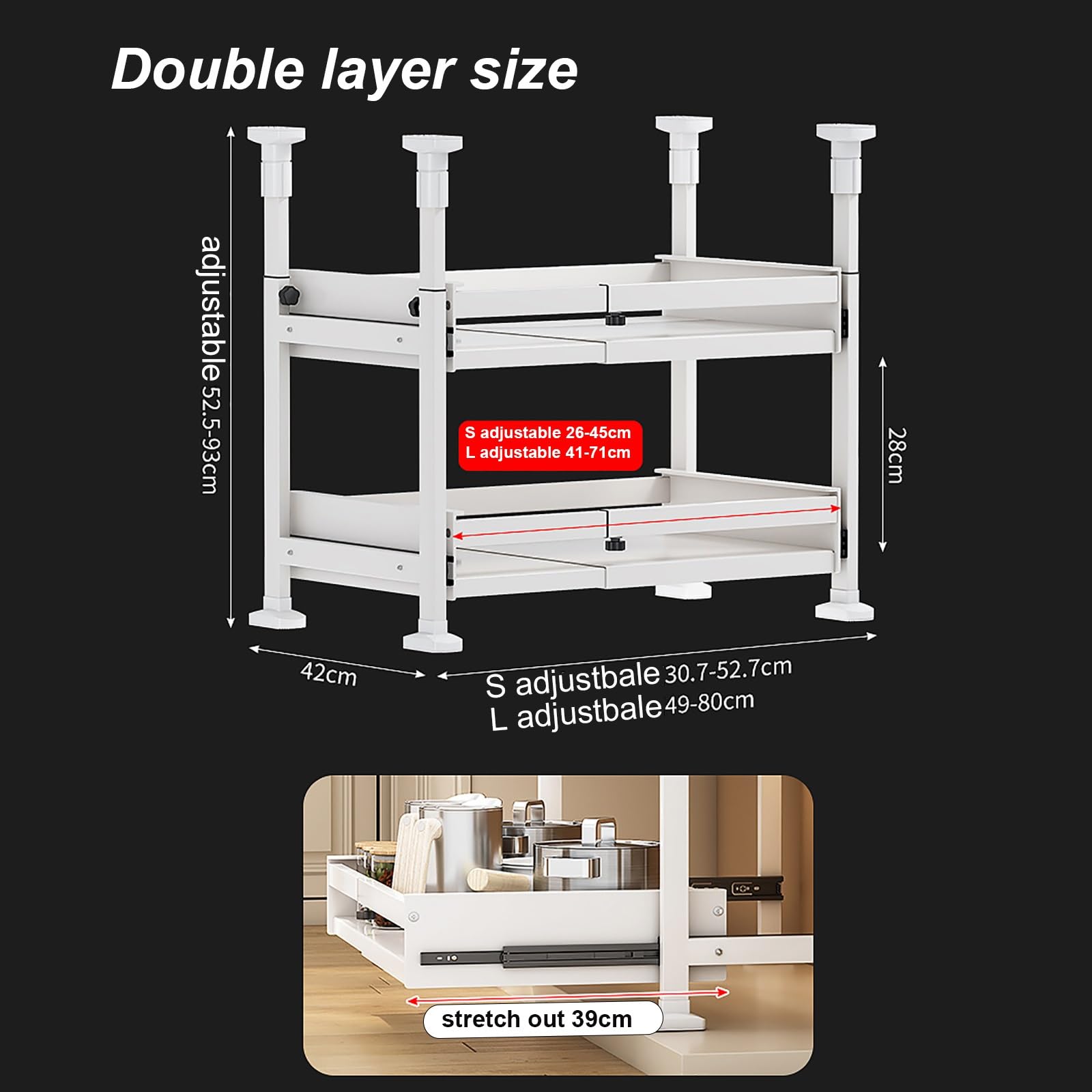OUUTMEE Cassetto Scorrevole Estraibile Per Armadio Cucina – Larghezza Regolabile 32-52 Cm – 2 Pezzi – Montaggio A Vite O Adesivo