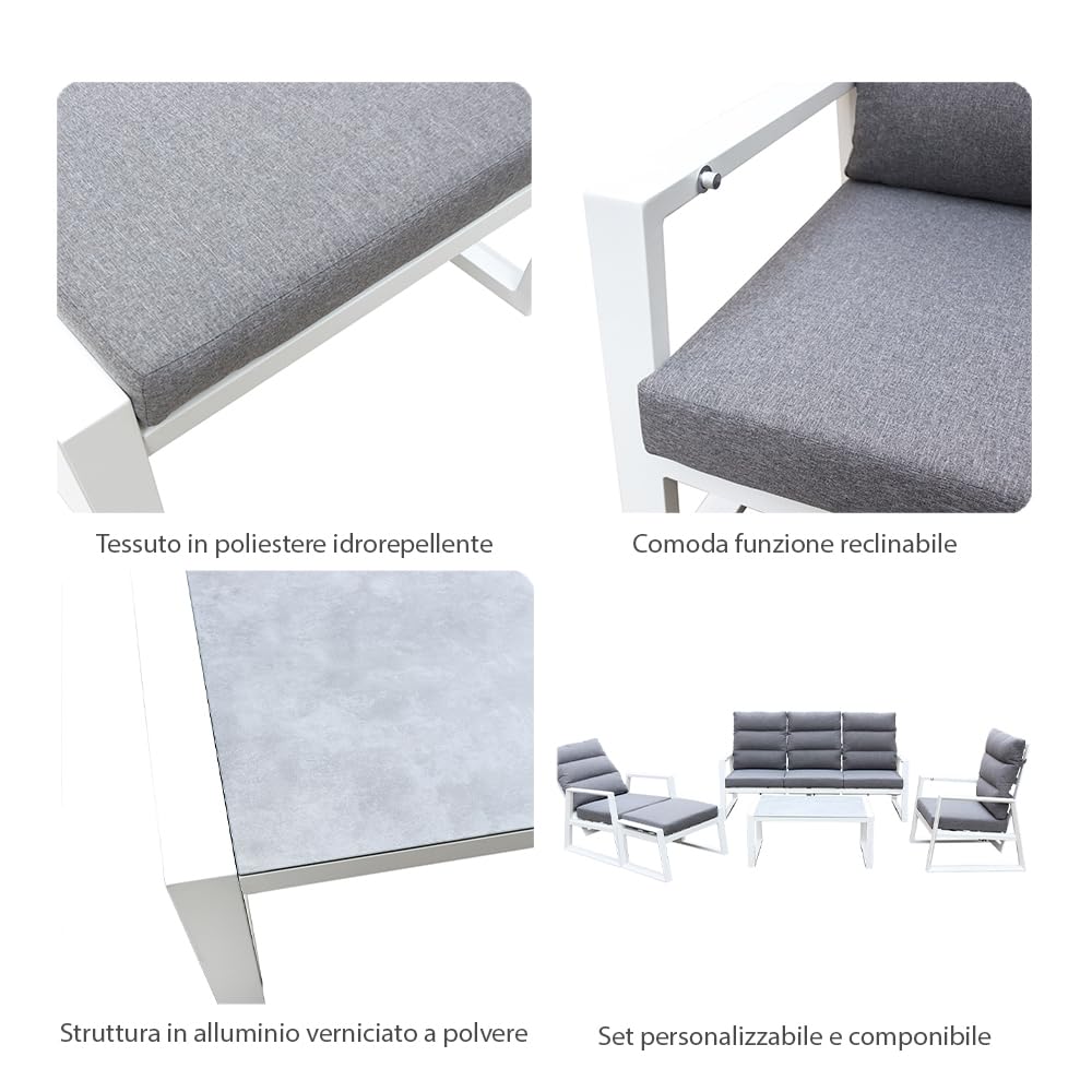 Salottino Lounge in alluminio MIKONOS PLUS bianco/grigio | Lounge da giardino con divano, tavolo, 2 poltrone e cuscini | Set di mobili da giardino in metallo da 5 persone