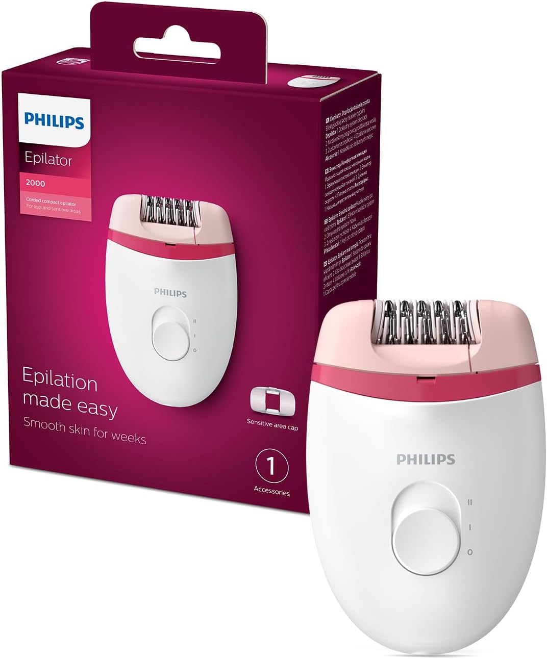 Philips BRE235/00 Corded Compact Epilator (White and Pink) for gentle hair removal at home