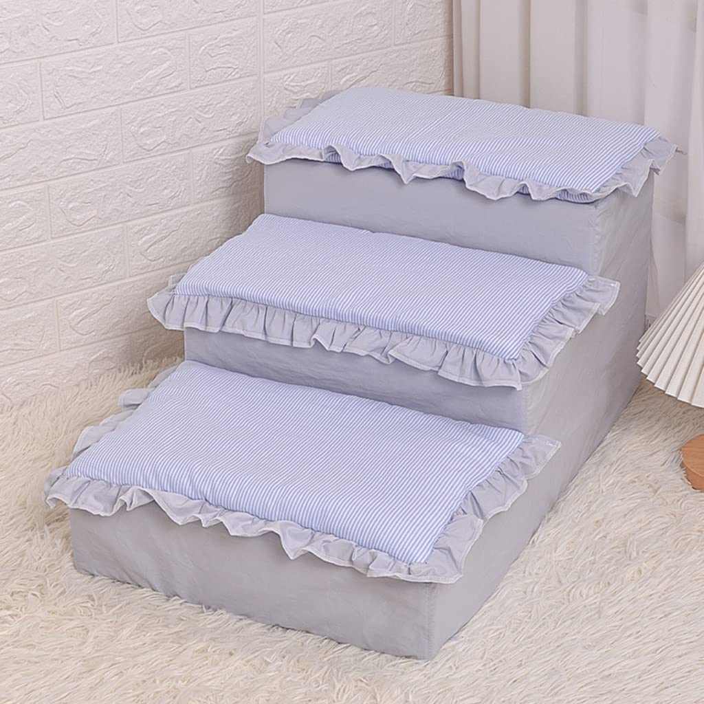 Inicio Escaleras para Mascotas Relleno de Espuma de Alta Densidad, Escaleras para Perros de 3 escalones Escaleras para Gatos con Almohada extraíble, 65 * 40 * 30 cm (Blue 65 * 40 * 30cm)