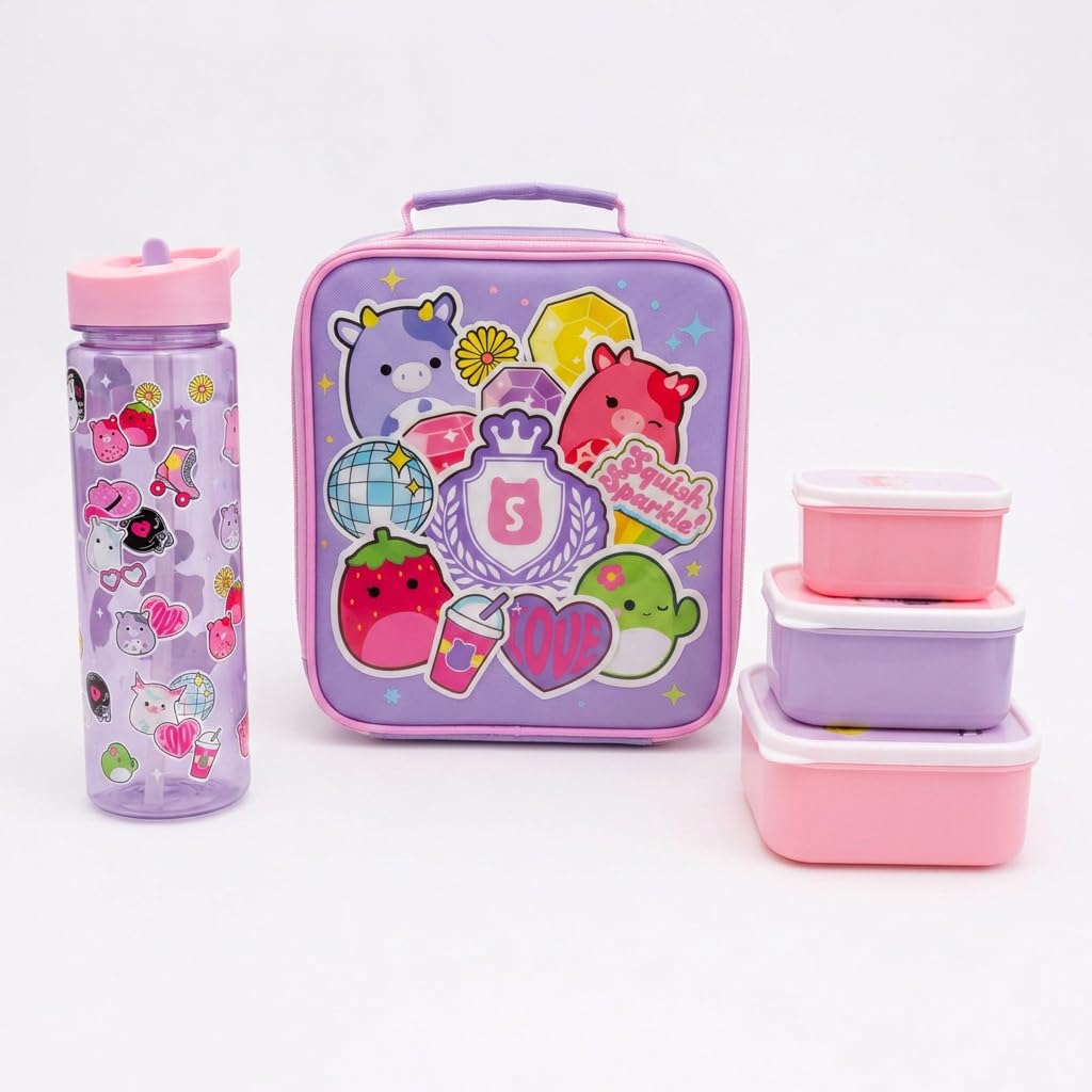 Squishmallows Kids Lunch Set 5 Piece – Insulated Lunch Bag, 600ml Leakproof Water Bottle & 3 Snack Boxes, Kawaii School Lunch Kit for Kids