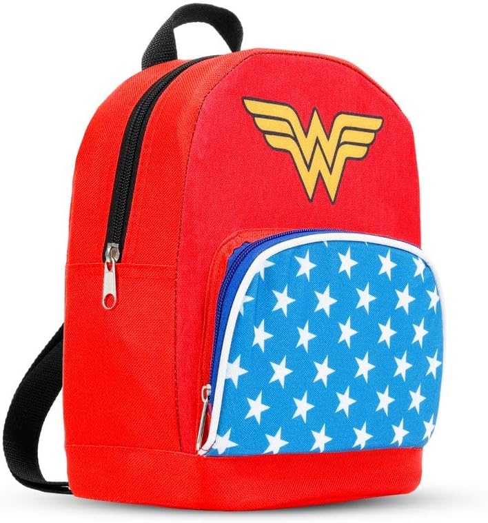 DC Comics Wonder Woman Mini Backpack - 10" Exclusive Woven Small Backpack with Front Pocket and Button Bundle | Adjusts to Fit Women, Teens, Girls, Kids image 3