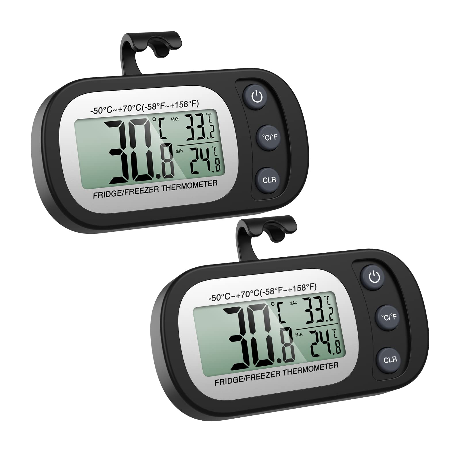 ORIA Digitale Kühlschrank Thermometer, 2 Stück Gefrierschrank Refrigerator Thermometer Magnetisch, mit Haken, Max/Min Funktion Schwarz