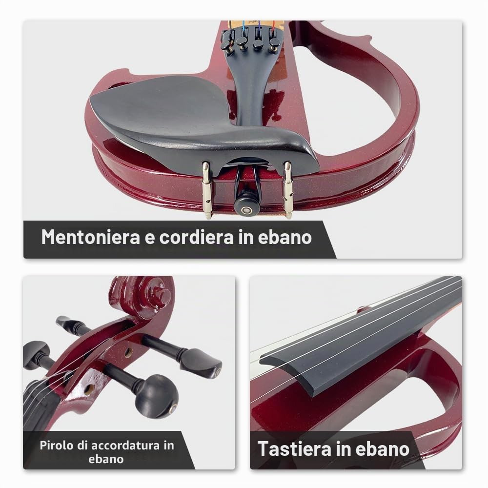 Violino elettrico 4/4 full-size, legno di noce, tastiera in ebano, Pro Deluxe, custodia rigida con arco di crine di cavallo mongolo con 4 corde, sessioni di pratica silenziose per