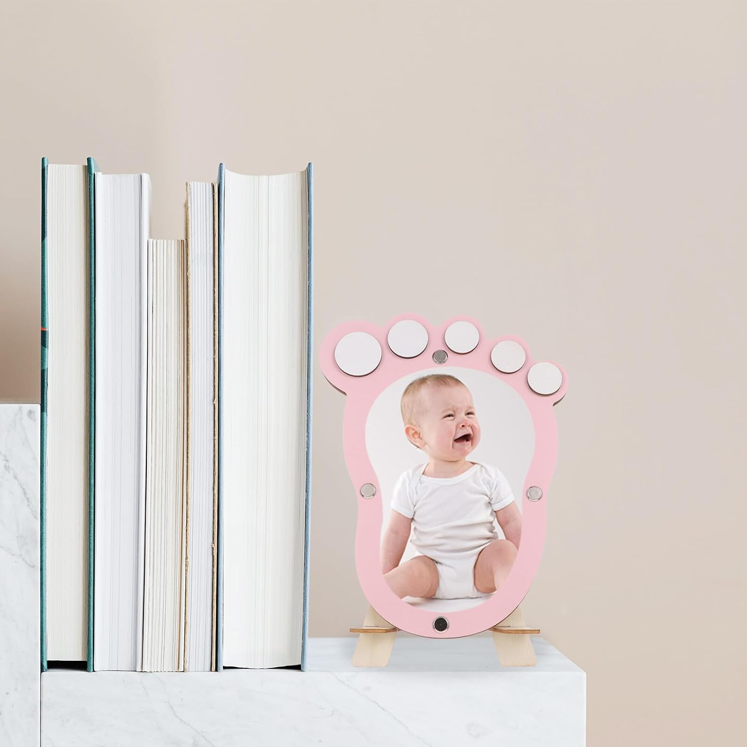 Unique Milestone Record Photo Frame for Newborn Infant, Pink Keepsake Frame Footprint Shape for Memory Display
