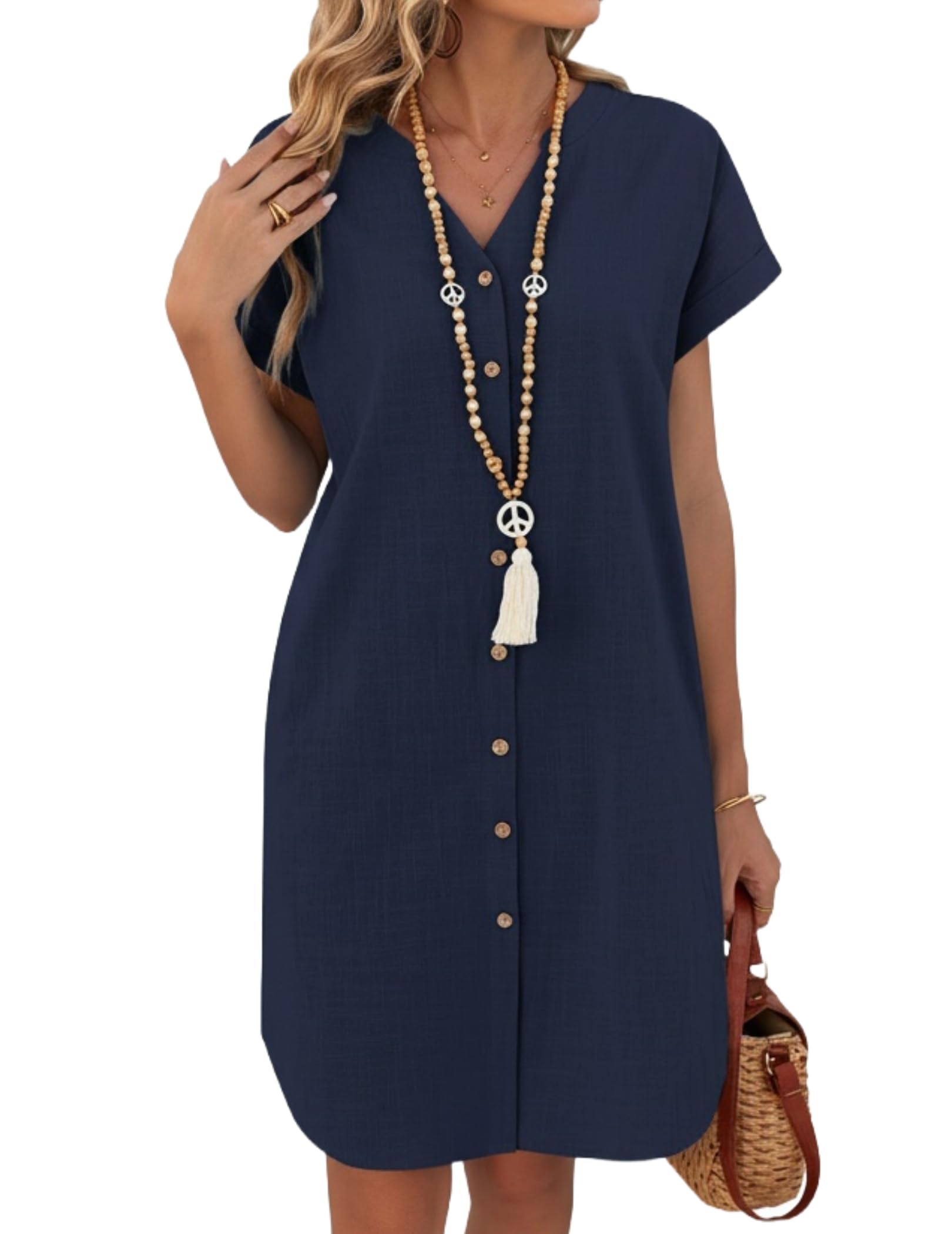 Zeagoo Vestito Donna in Lino Maniche Corte Estivo Vestiti Corto Abito da Spiaggia Abiti a Camicia con Tasche Scollo a V Copricostume S-XXL