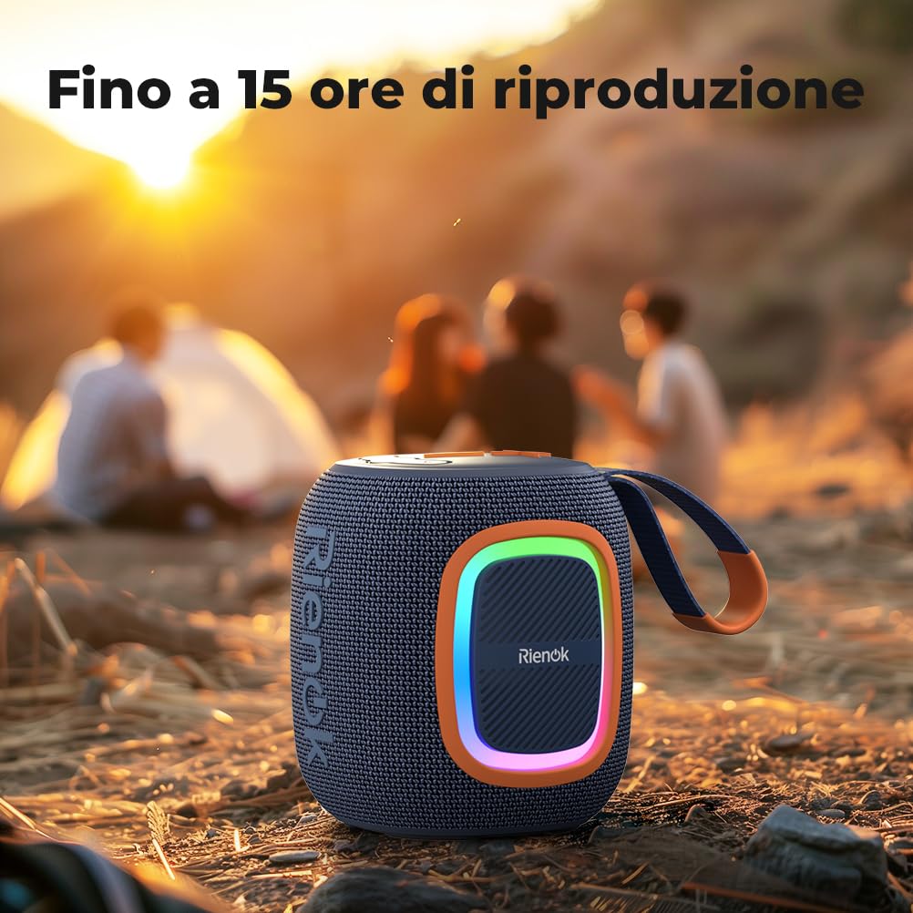 RIENOK Cassa Bluetooth Potente Portatile Impermeabile Speaker Bluetooth 5.3, Radio FM/USB/AUX/Micro SD, Vero Stereo Senza Fili, Luce LED, Ricaricabile Tipo-C, Blu Navy