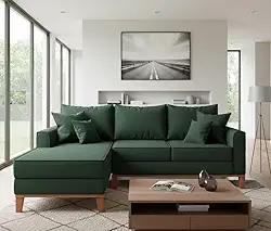 Sofá Beny com Chaise Esquerda, 1,40x2,20m, 3 Lugares, Linho, Base em Madeira. (Verde)