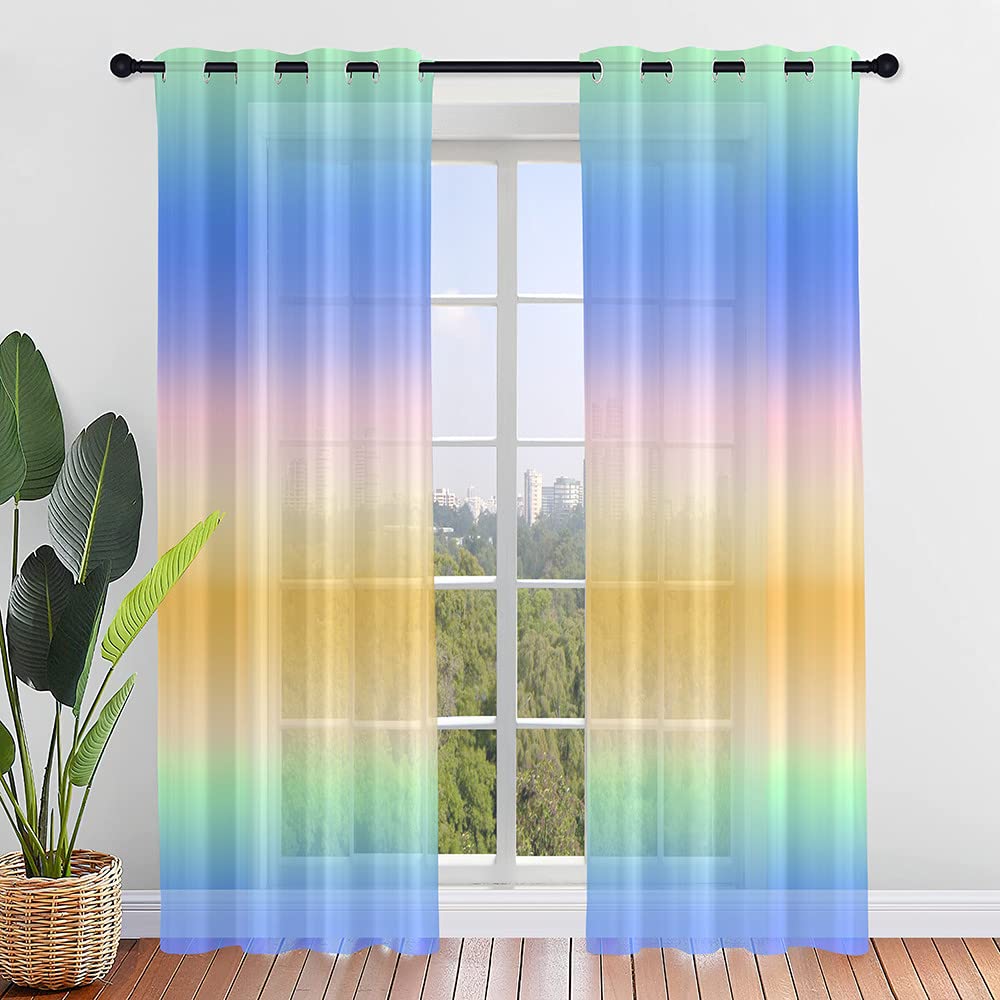 Hiseng Voile Curtains for Bedroom 2 Panels, Sheer Curtains Eyelets Net Translucent Window Screen Gradient Color Tulle Door Drapes for Living Room Home Balcony Decorative (132x160cm,Yellow Green)