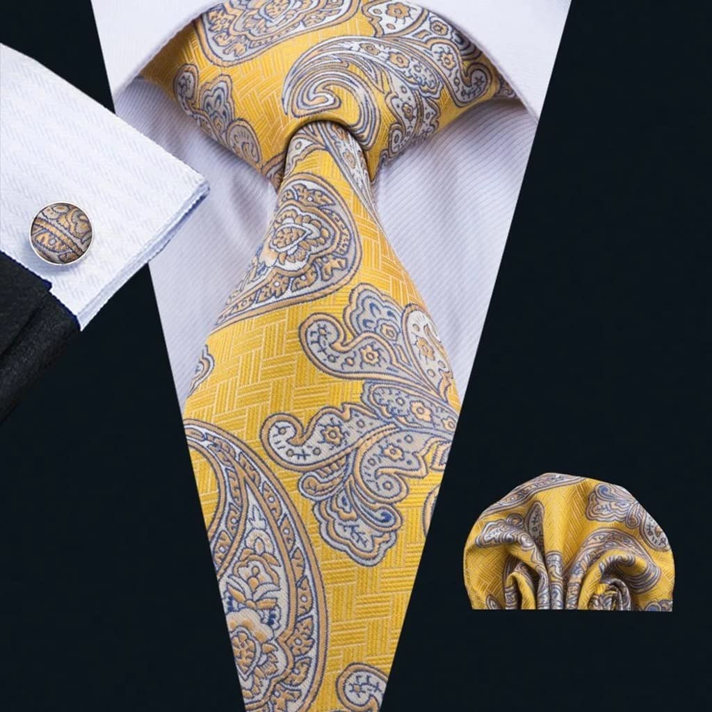 Corbata Conjunto de Corbata para Hombre Corbata Amarilla de Seda Pañuelo Gemelos para Boda Fiesta de Negocios