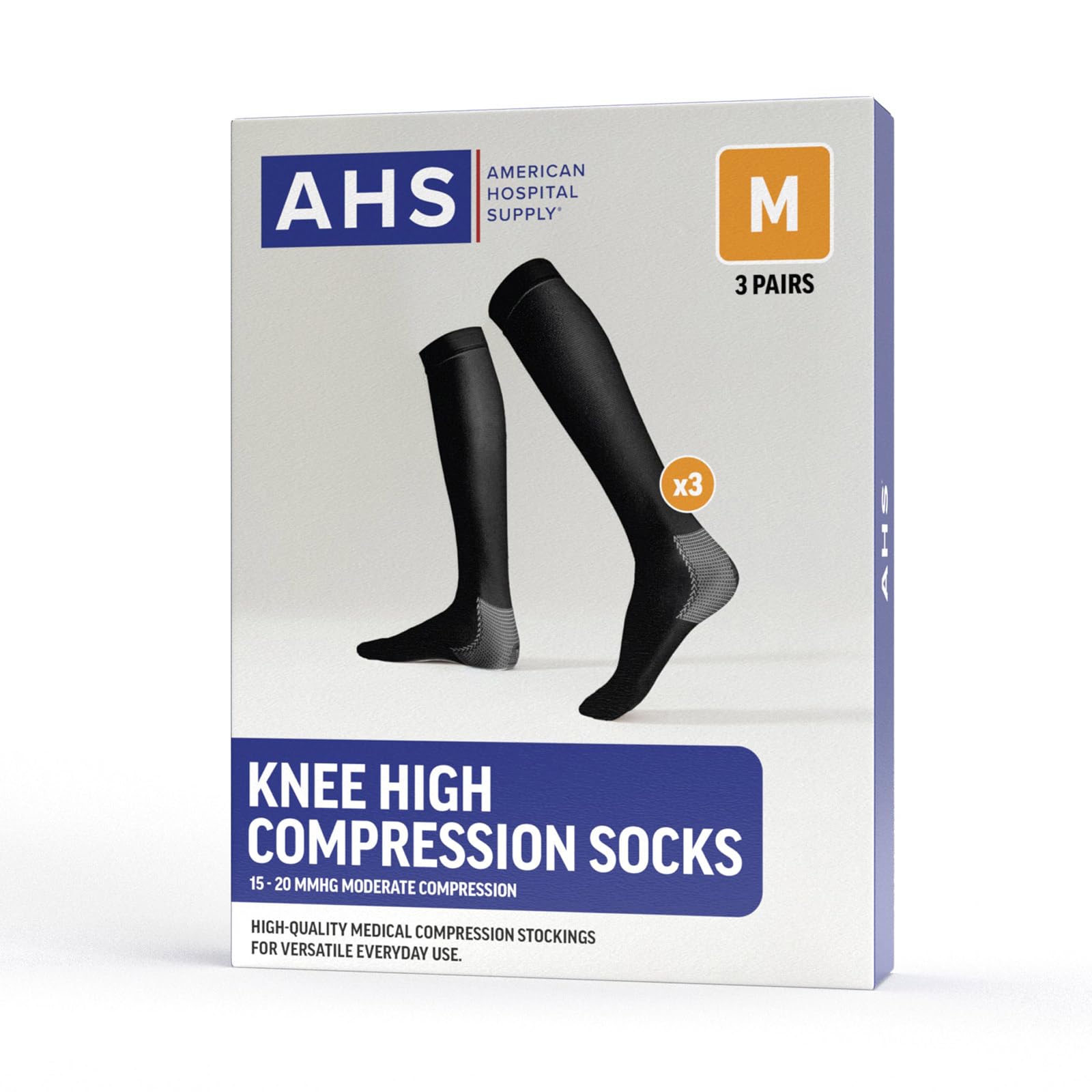 AMERICAN HOSPITAL SUPPLY Knee High Compression Socks | 15-20 mmHg Black Medium| Pack of 3 Pairs