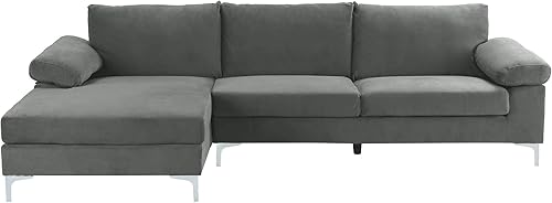 Miniatura 10 de Casa Andrea Milano Moderno sofá seccional grande de terciopelo en forma de L, con diván extra ancho, color morado