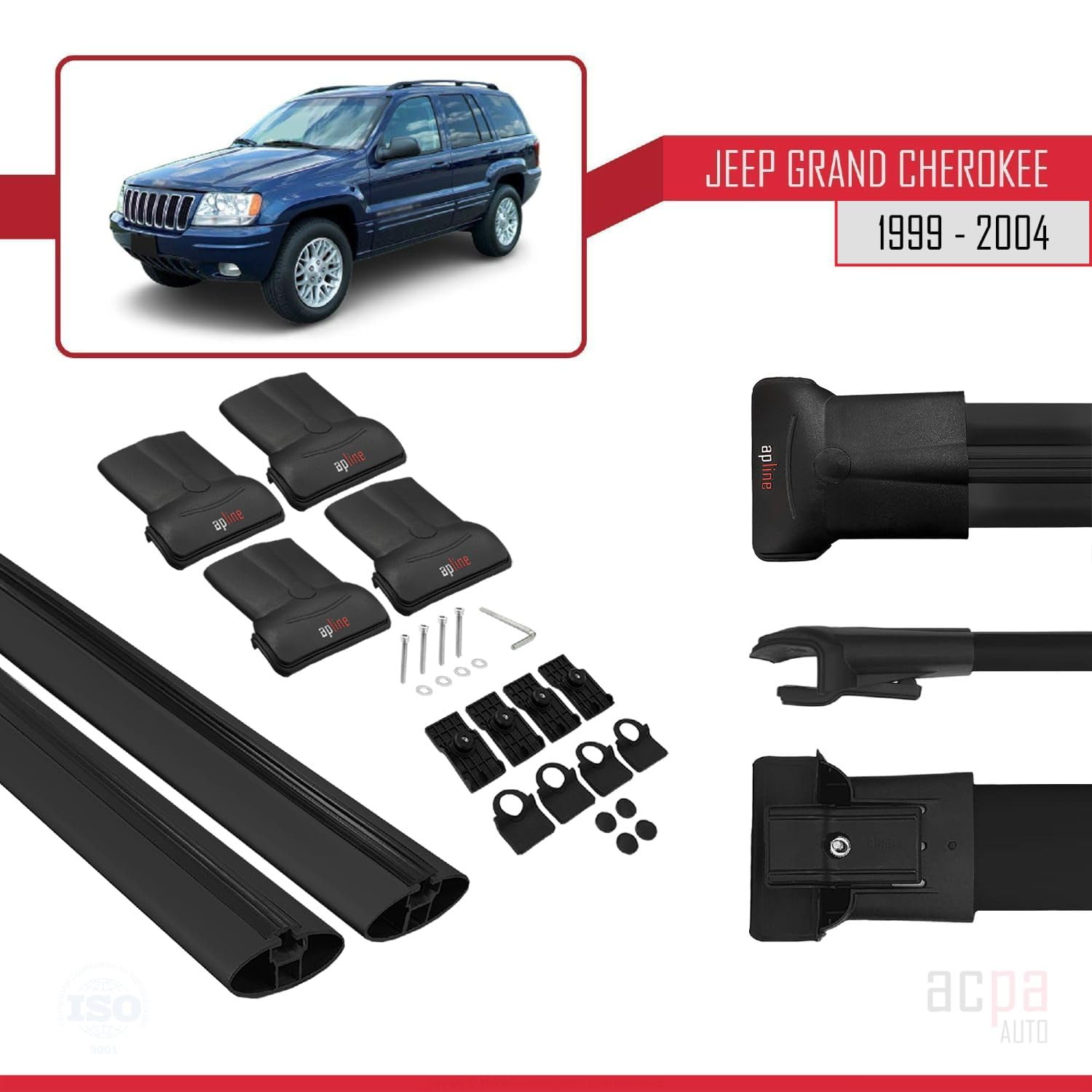 Compatible con Jeep Grand Cherokee 2 (WJ) 1999-2004 Modelo Fly Barra de Techo Auto Portaequipajes Barras Transversales Negro Aluminio 2 Barras