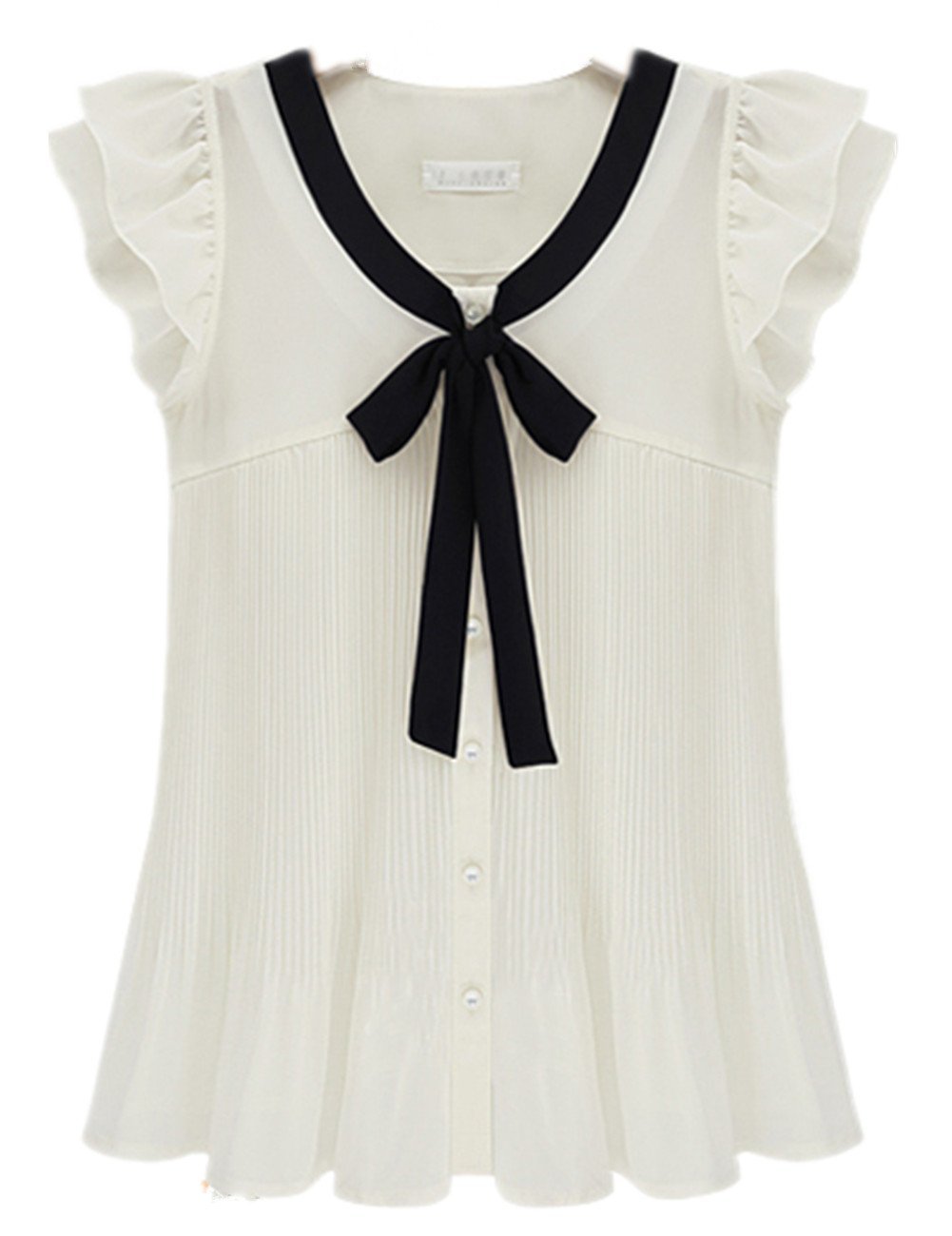 TRURENDI Summer Women's Loose Chiffon Short-Sleeve Ruffle Sleeve Solid Bow Top Blouse Shirt