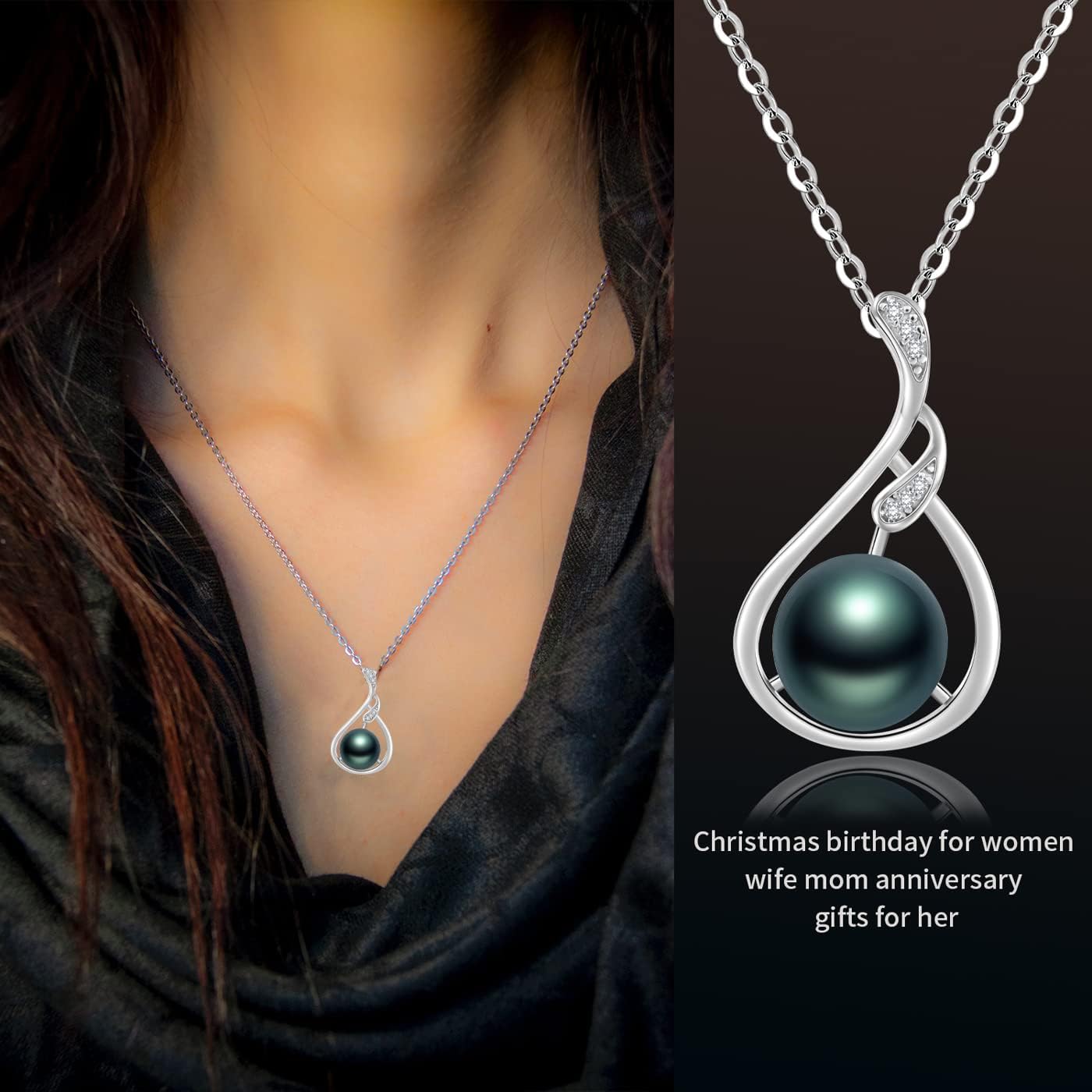 NONNYL Tahitian Black Pearls Authentic South Sea Pearl Pendant Necklace 10mm Round 18K Gold Plated 925 Sterling Silver - Fine Jewelry Gifts for Women Wife Mom Daughter