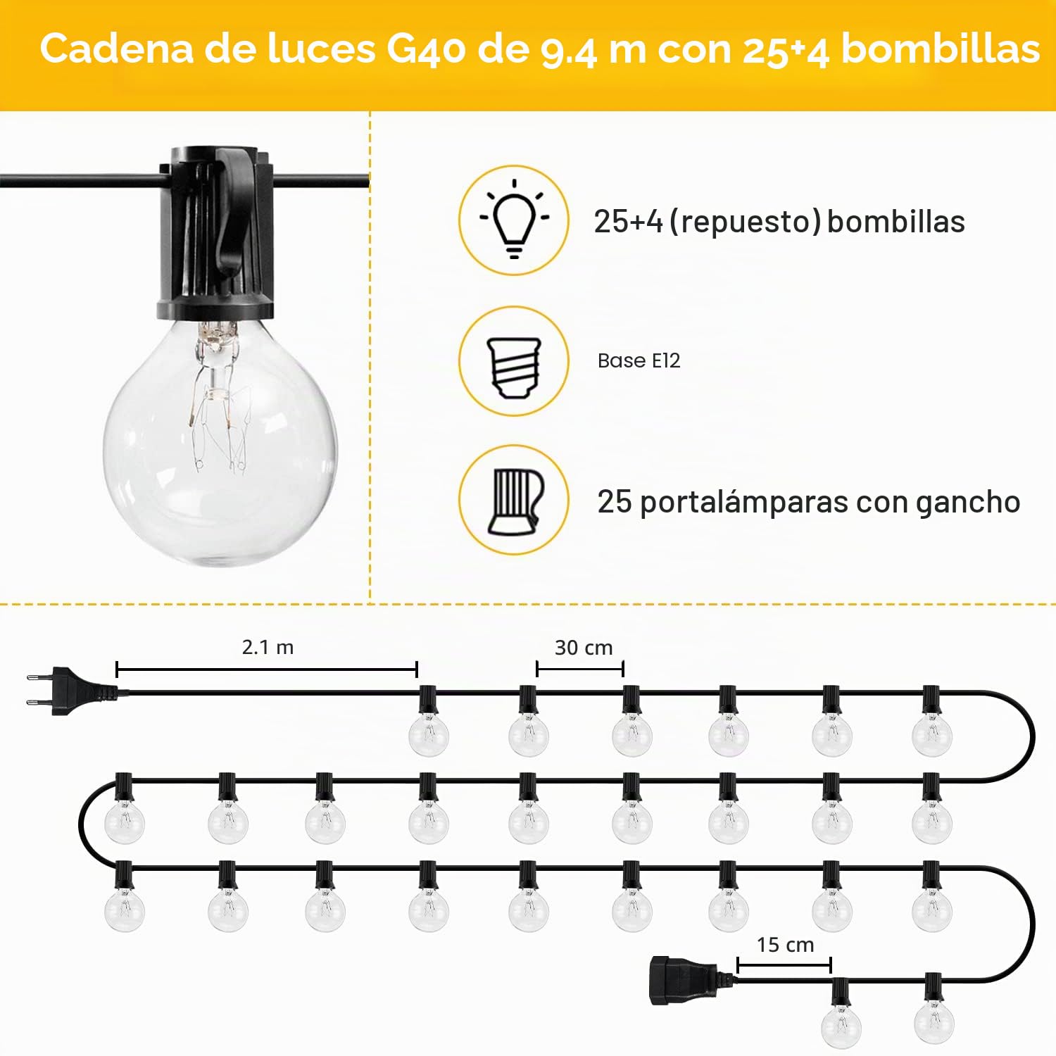 Guirnaldas de Luces Exterior, TOGAVE 9.5M Cadena Luminosas 25+4 Bombillas IP44 Impermeable, Decoración para Jardín, Terrace, Patio, Cafe, Bodas - Blanco Cálido