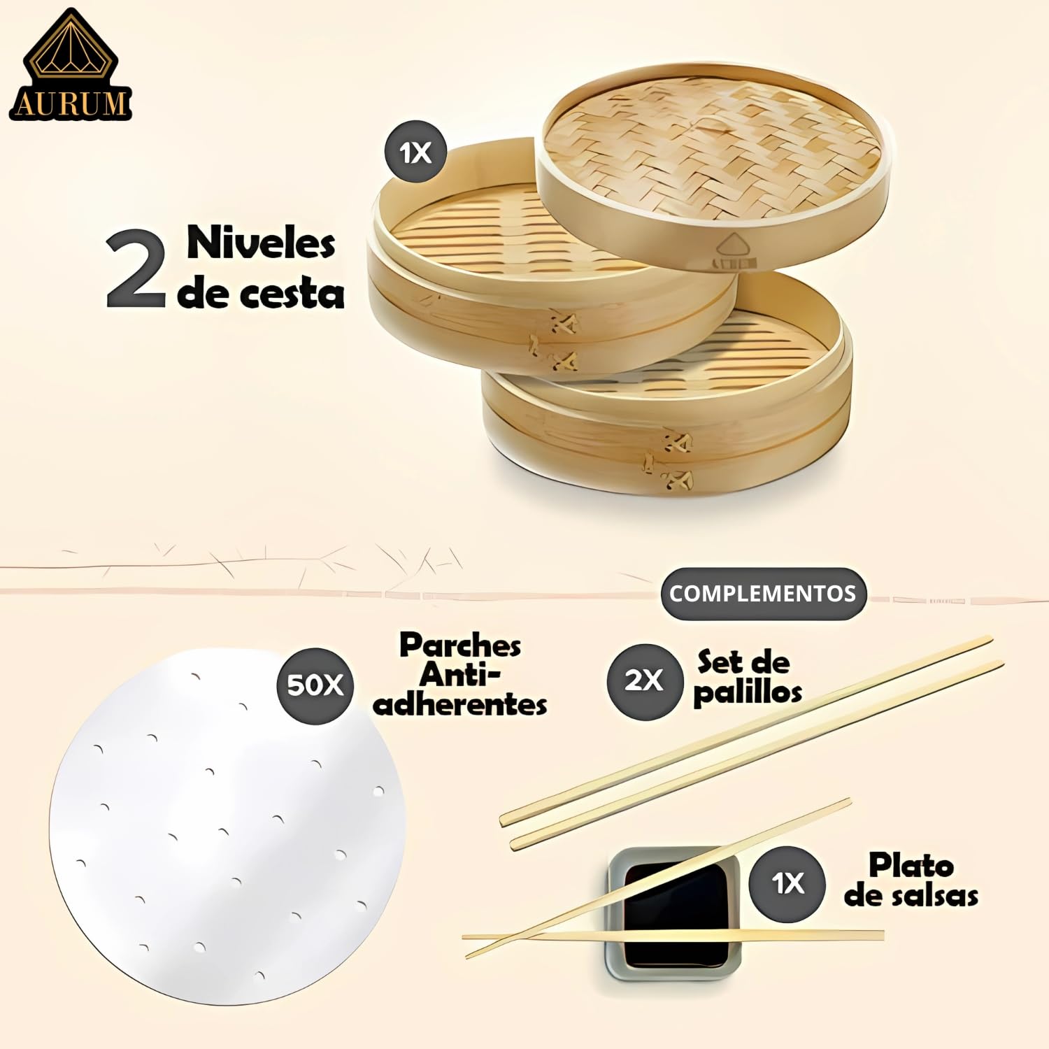 Aurum® Vaporera de Bambú 2 Niveles, en 20 cm y 25 cm - Incluye Accesorios - Vaporera Cocinar Vapor Bambú, Steamer for Cooking, Cocedero de Vapor (ø25)