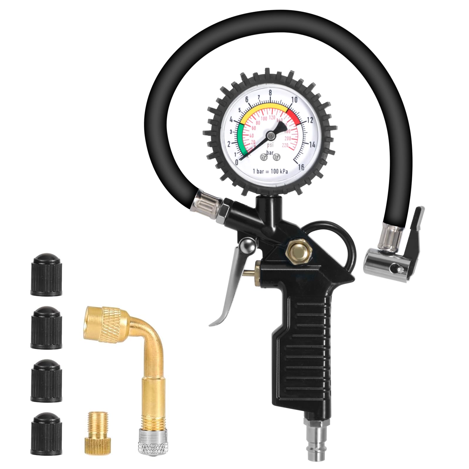 GLOSKIN Reifendruckprüfer, 220PSI Luftdruckprüfer Mit Ventilkernwerkzeug, Reifenfüller Mit Manometer,Reifenfüller Geeicht,Kompressorteil für Autos, Motorräder, Lkw, Fahrräder