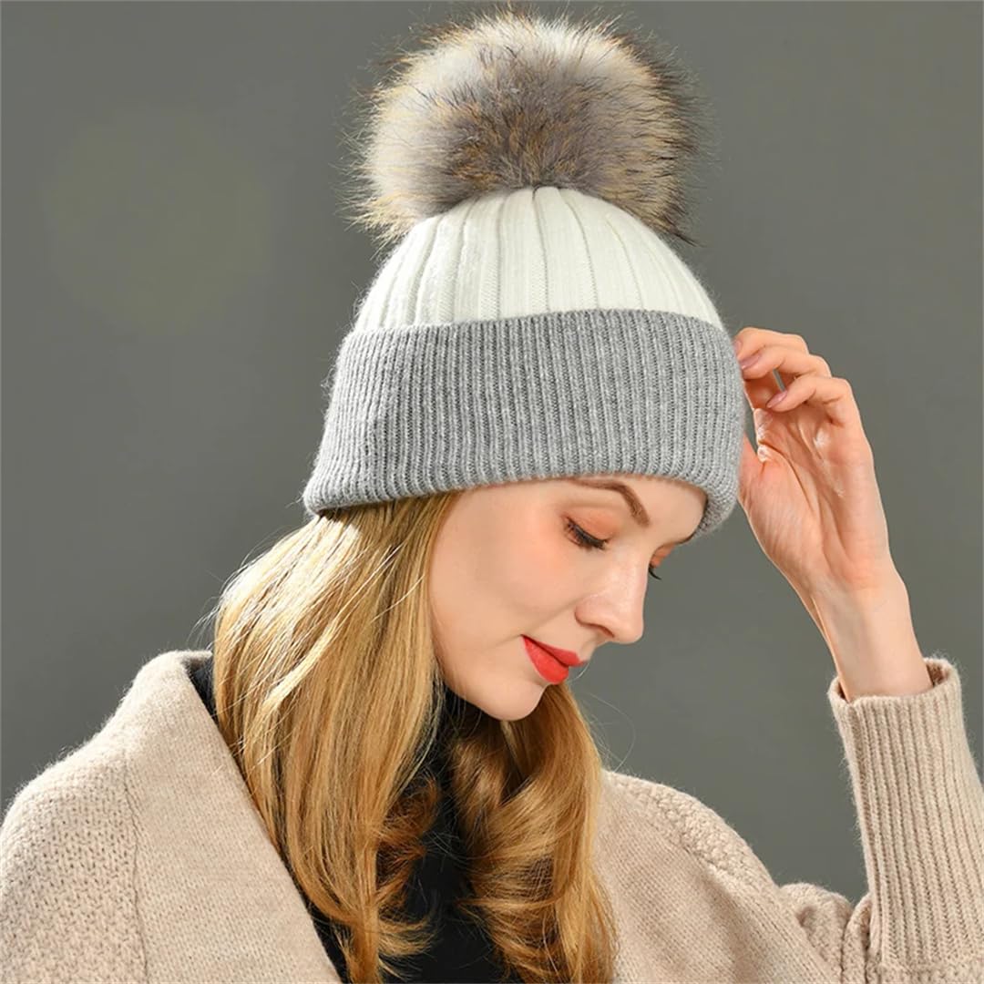 Wvapzxx Cappello Invernale Beanie Cappelli Con Pompon Di Pelliccia Donna Cashmere Lana Lavorato A Maglia Bonnet Palla Di Pelliccia Beanie Cap Grande Pompon Di Pelliccia