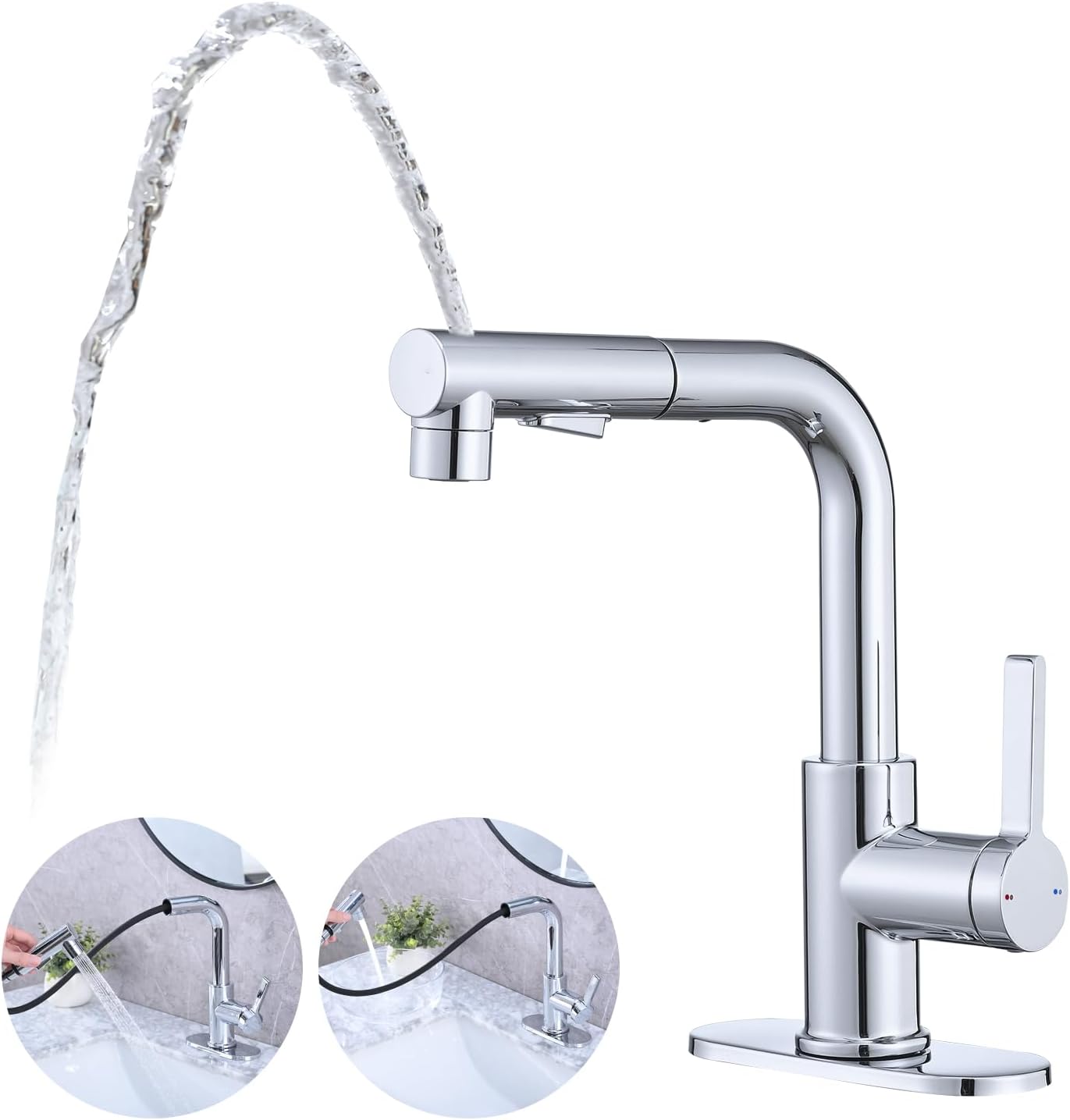 Bathroom Sink Faucet with Pull Out Sprayer, Single Handle Pull Out Bathroom Faucet for Sink, Included Pop-up Drain & Deck Plate 1 or 4-inch Centerset 3 Hole, Chrome (Single Handle Chrome) Thumbnail