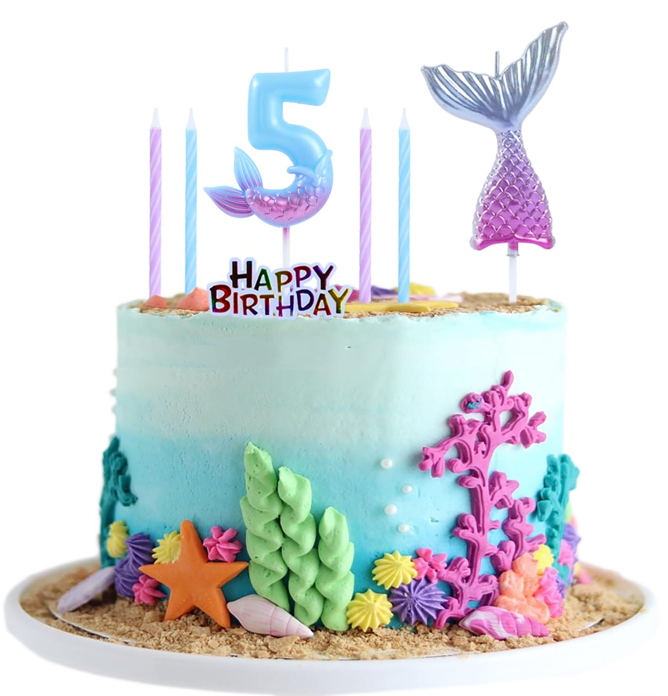 EAKE Mermaid 5 Birthday Candles Set Dreamy Blue Purple with 1 Pc Mermaid Tail and Happy Birthday Cake Toppers for Girls Happy 5th Mermaid Theme