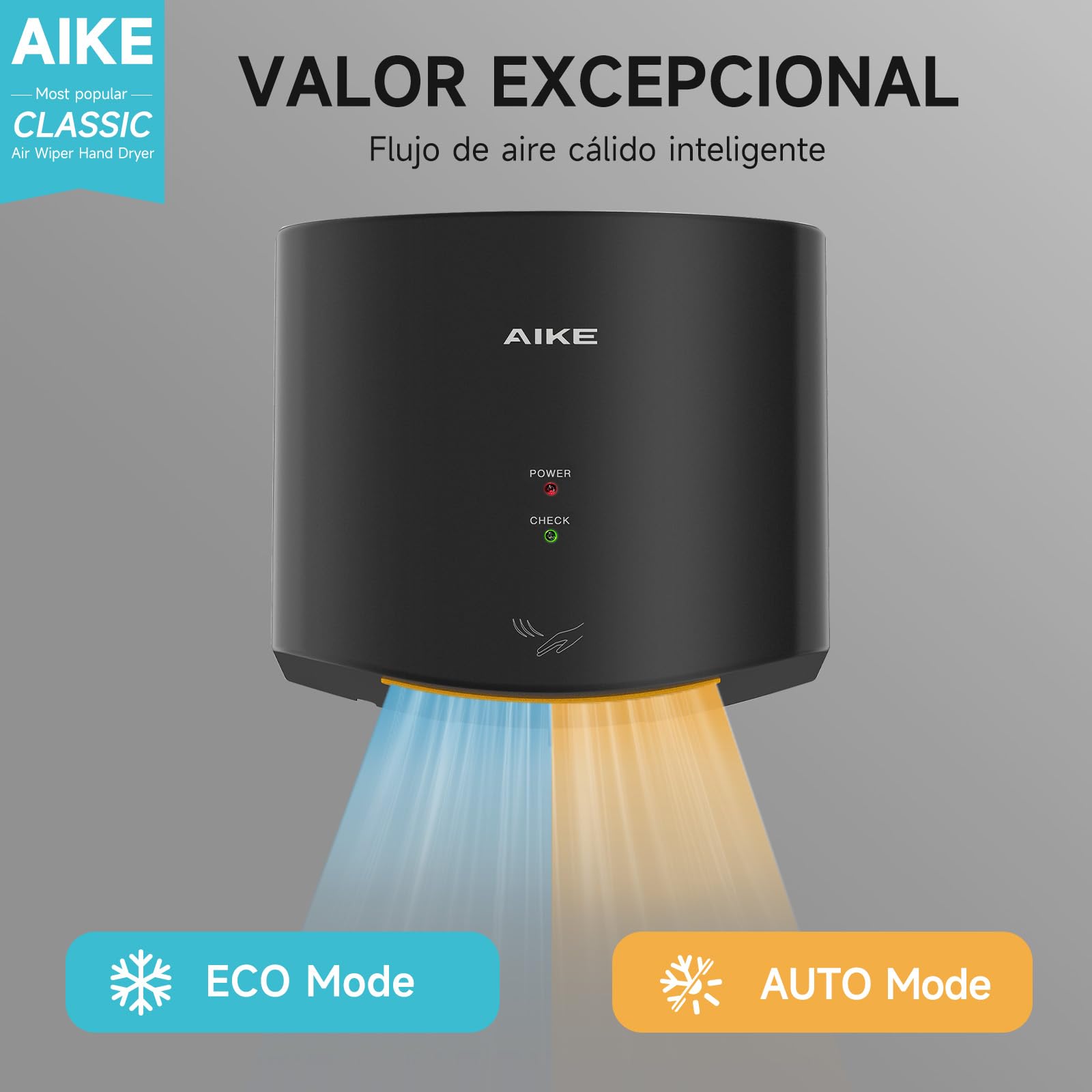 AIKE Secamanos Compacto 1400W 220V Secado de Alta Velocidad Sin Papel Sin Contacto AK2630S Negro