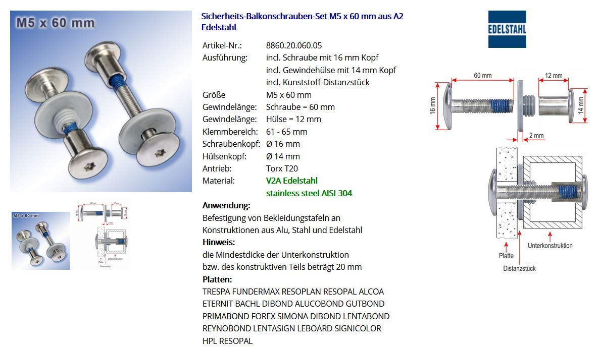 Balkonschrauben-Set M5 x 60 mm aus A2 Edelstahl Trespa Schrauben (25, M5 x 60 mm)