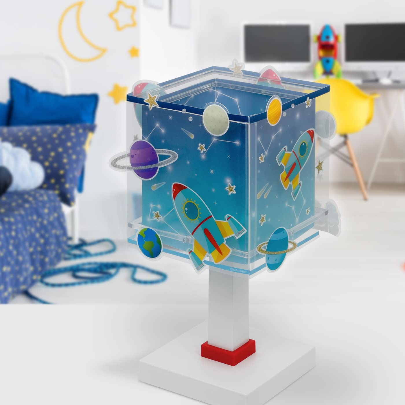 Dalber Lámpara de mesa o mesilla infantil Rocket Cohete espacial, 63351, E14, 8W, Azul