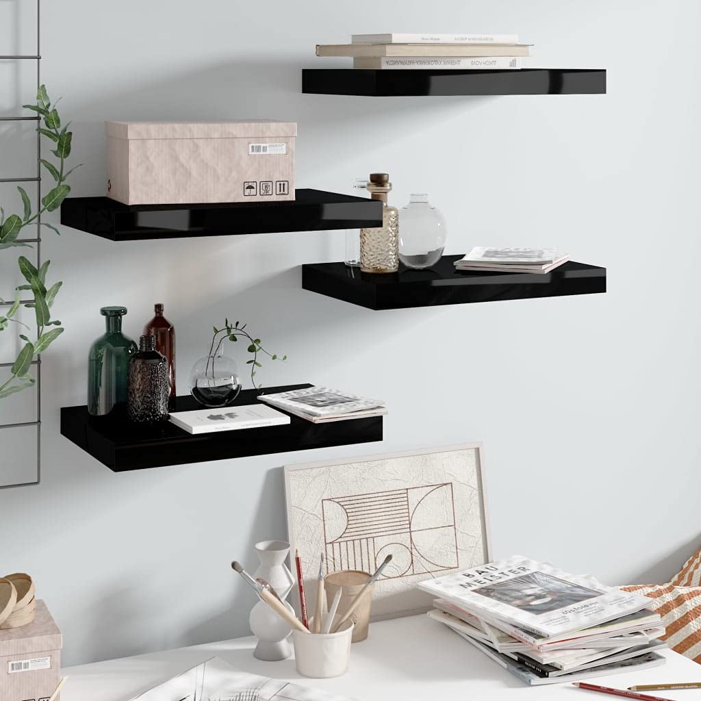 Scaffalature, mensole da parete e sporgenze, 4 pezzi, nero lucido, 40 x 23 x 3,8 cm MDF