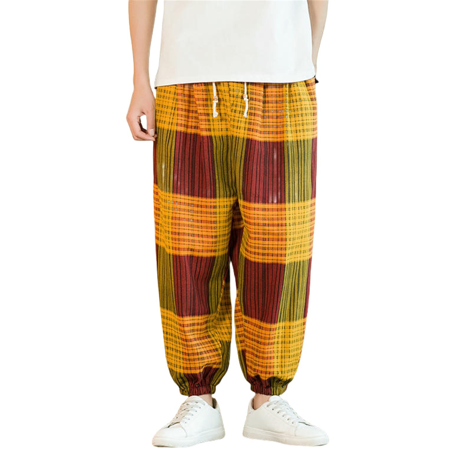 Pantaloni lunghi casual da uomo in stile cinese di estate alla moda con stampa a blocchi di colore allentati a cavallo basso in cotone e lino