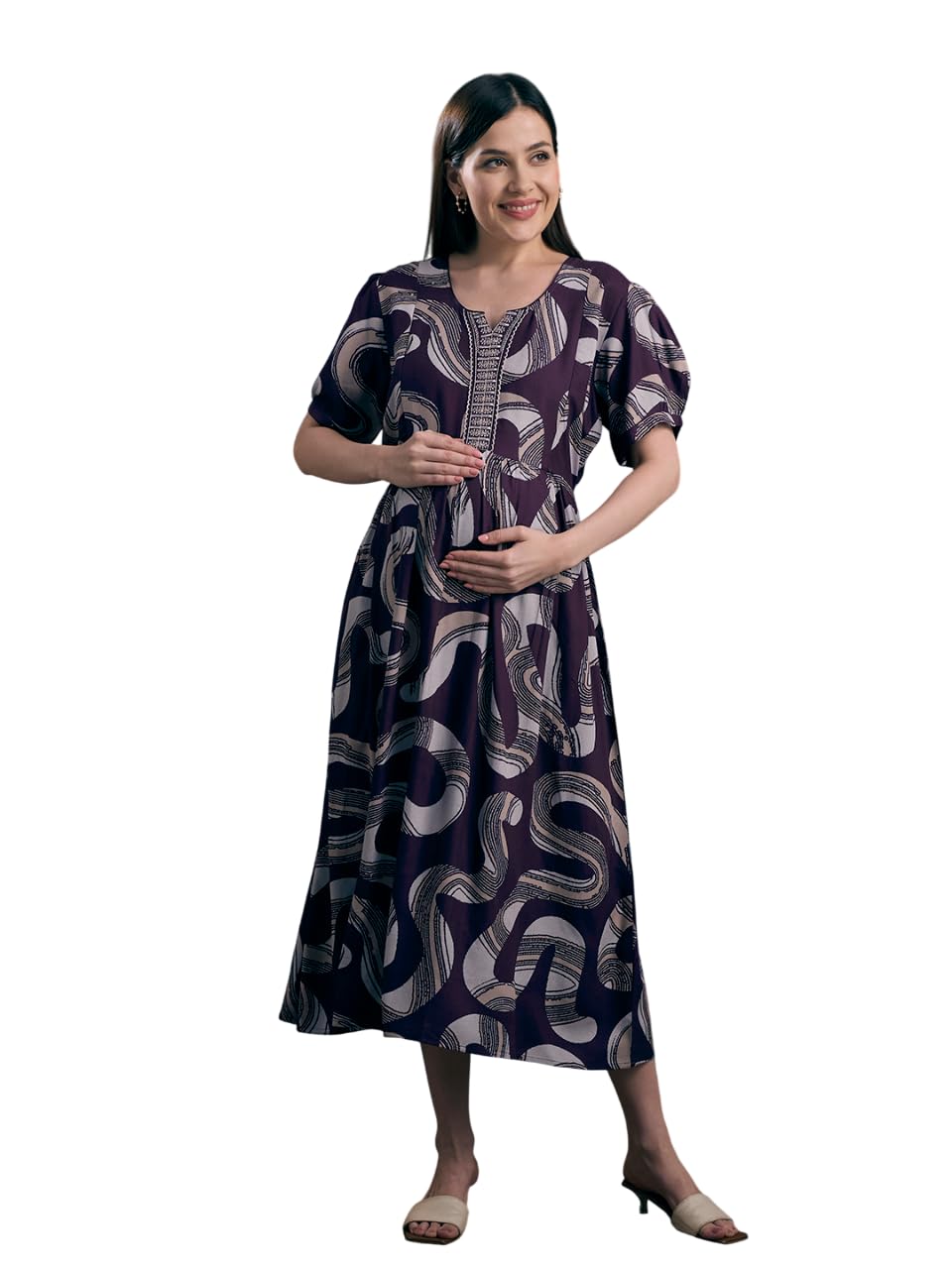nightspree Women’s Embroidered Neck Fit & Flare Maternity Dress - Elegant and Comfortable-picture-2