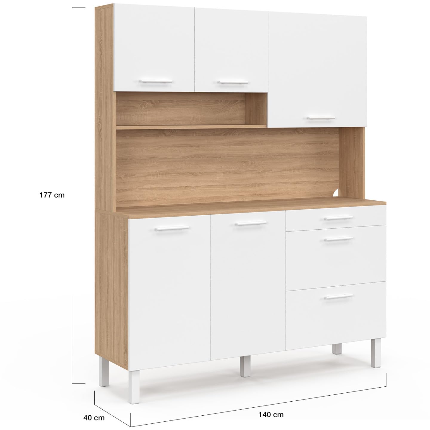 IDMarket - Küchenbuffet 140 cm CINA 5 Türen + 3 Schubladen in Buchenholzoptik und Weiß