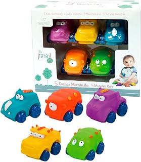 Tachan - Set de 5 Coches Monstruos Goma Suave en Dos Colores Azul, Naranja, Morado, Amarillo y Verde, ruedan por Cualquier Superficie, Agarre facil y Seguro