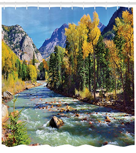 ABAKUHAUS Landscape Shower Curtain, Mountains of Colorado with Forest and River Summer Foliage Idyllic Photo - Image 2