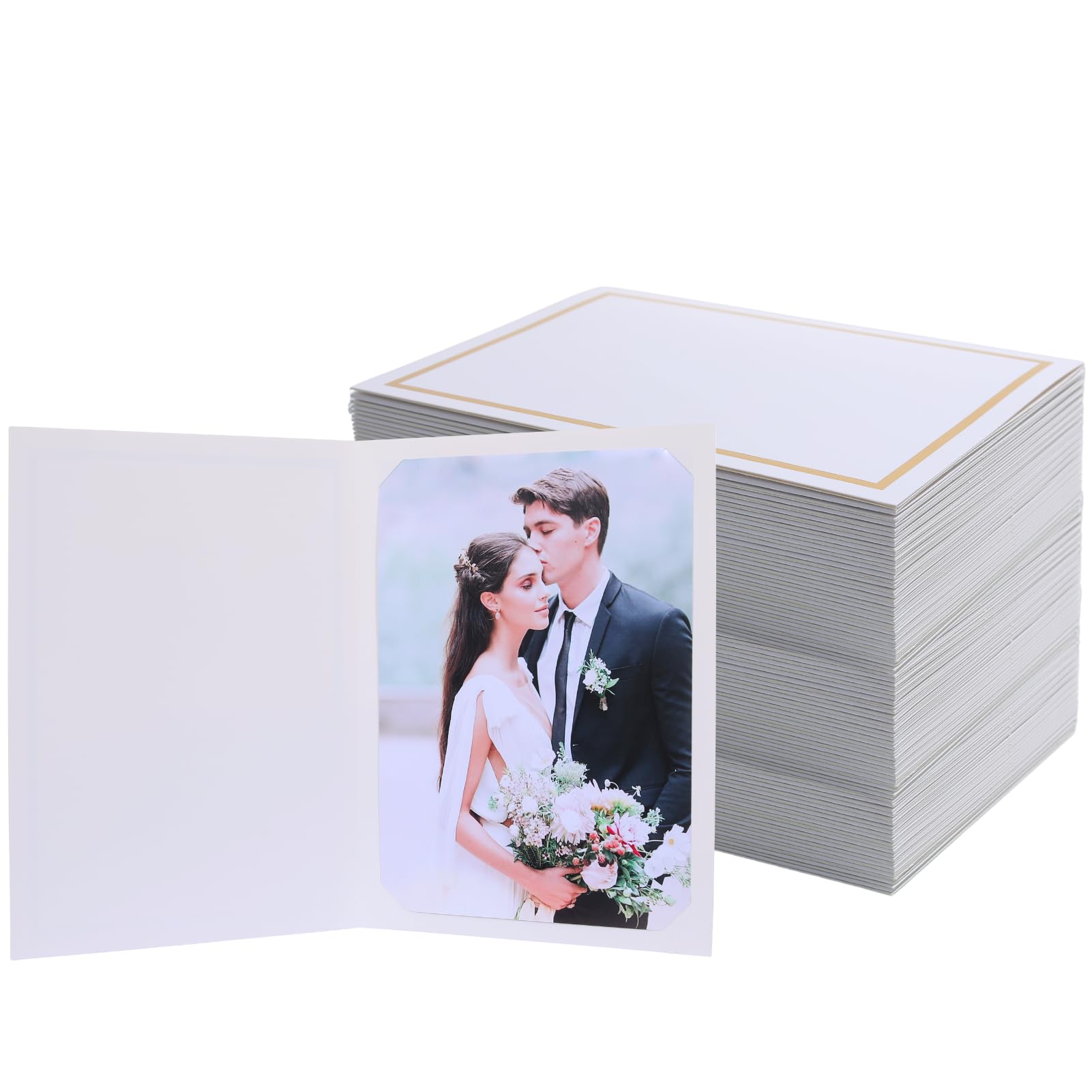 100 Count Photo Folders for 4x6 or 5x7 Pictures,Paper Picture Frames,Cardboard Greeting Photo Frame Cards for Graduation Wedding Birthday Classroom DIY (White with Gold Trim)