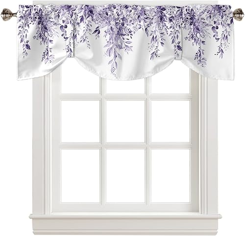Tie Up Valances for Windows, Purple Botanical Kitchen Curtains Valance Window Shade, Watercolor Purple Spring Floral Summer Plants Window Treatment
