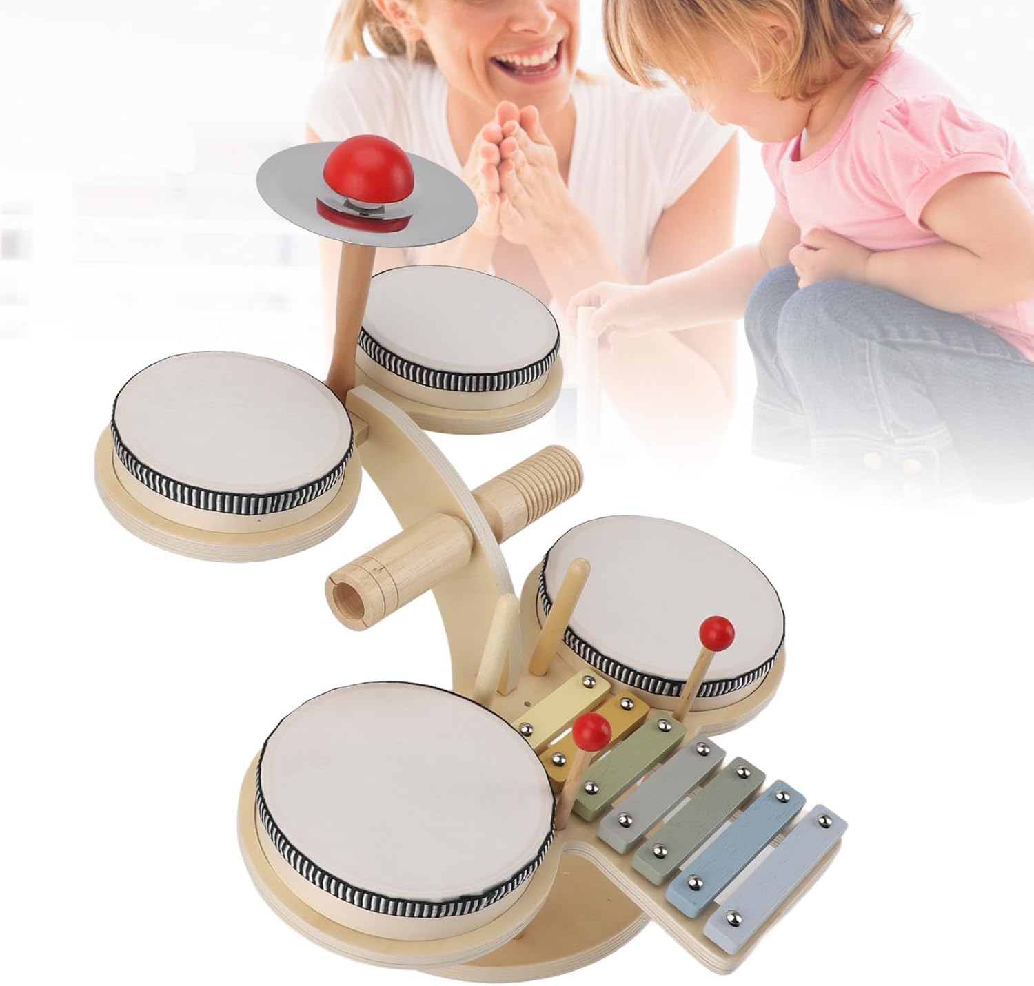 LUCARIO Wooden Musical Instruments for Toddlers 1-3, Percussion Instruments for Kids Baby Drum Set Xylophone, Montessori Educational Musical Toys, for Girls Boys Christmas (LK-01)-image-3