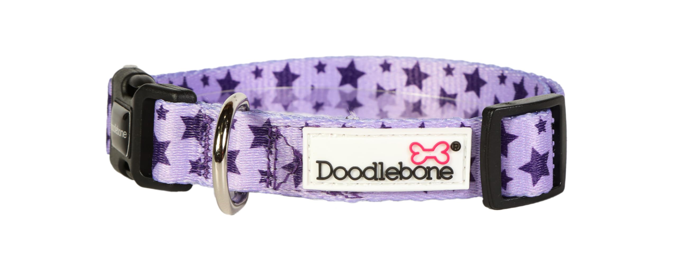 Doodlebone – Dog Collar – Adjustable Strong Collar with Secure D Ring, Strength Tested Components & Machine Washable Design for Everyday Walkies – Size 3-6, 30-50cm - Violet Stars