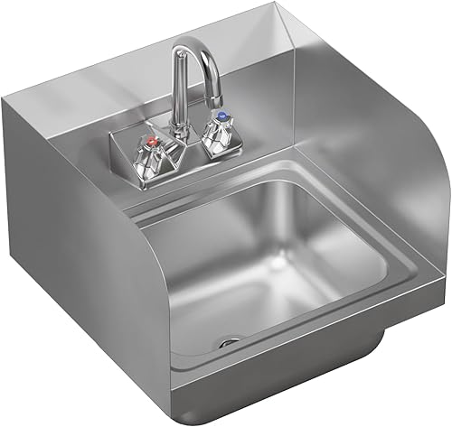 Vista 55 de AmGood Fregadero de mano de acero inoxidable para montaje en pared con grifo Lavabo comercial de lavado de manos para restaurante, cocina NSF