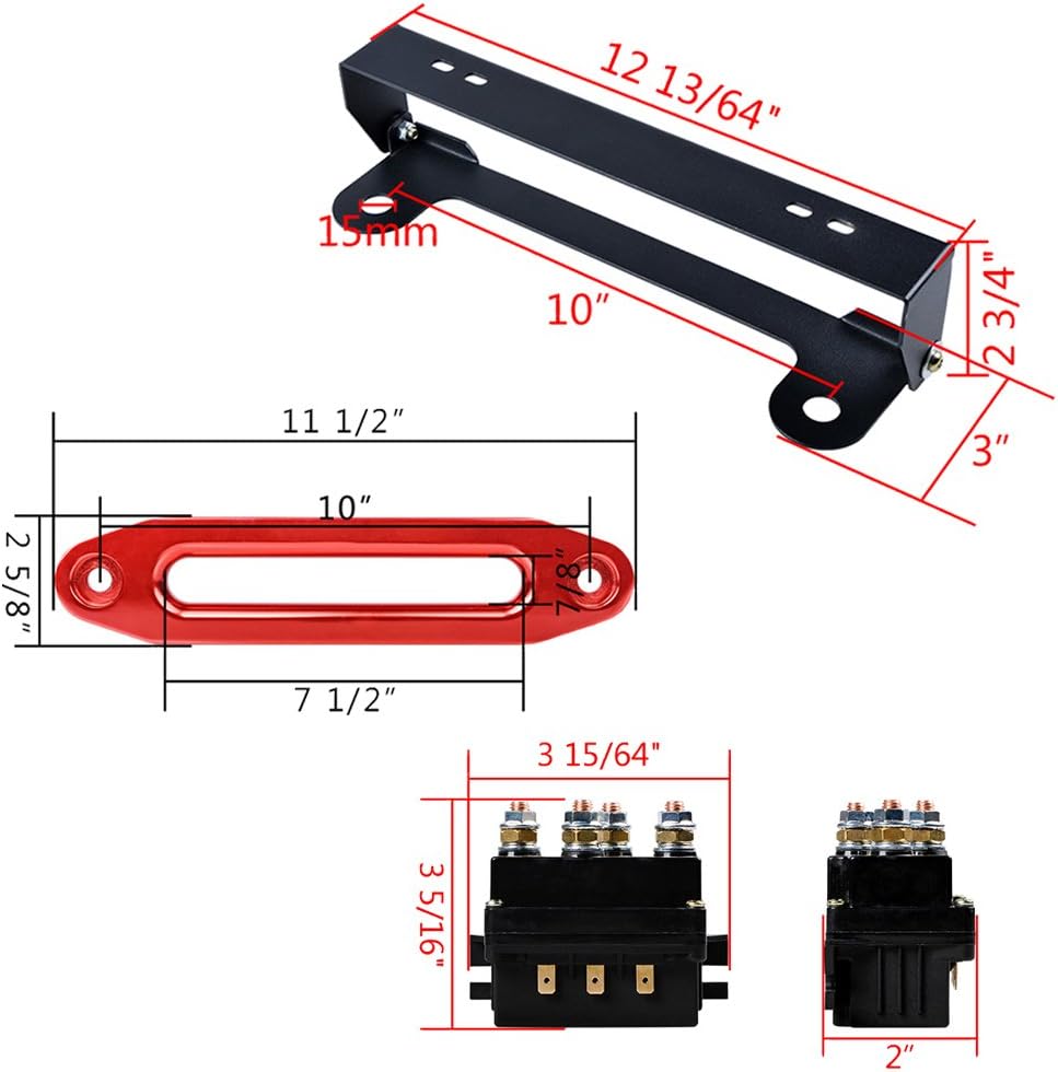 Astra Depot 10" Anodized RED Hawse Fairlead + 254mm Flip-Up Mounted License Plate Holder + 12V 500A Winch Solenoid Relay 8000-15000 LBs ATV UTV 4WD 4x4 Winches Replacement