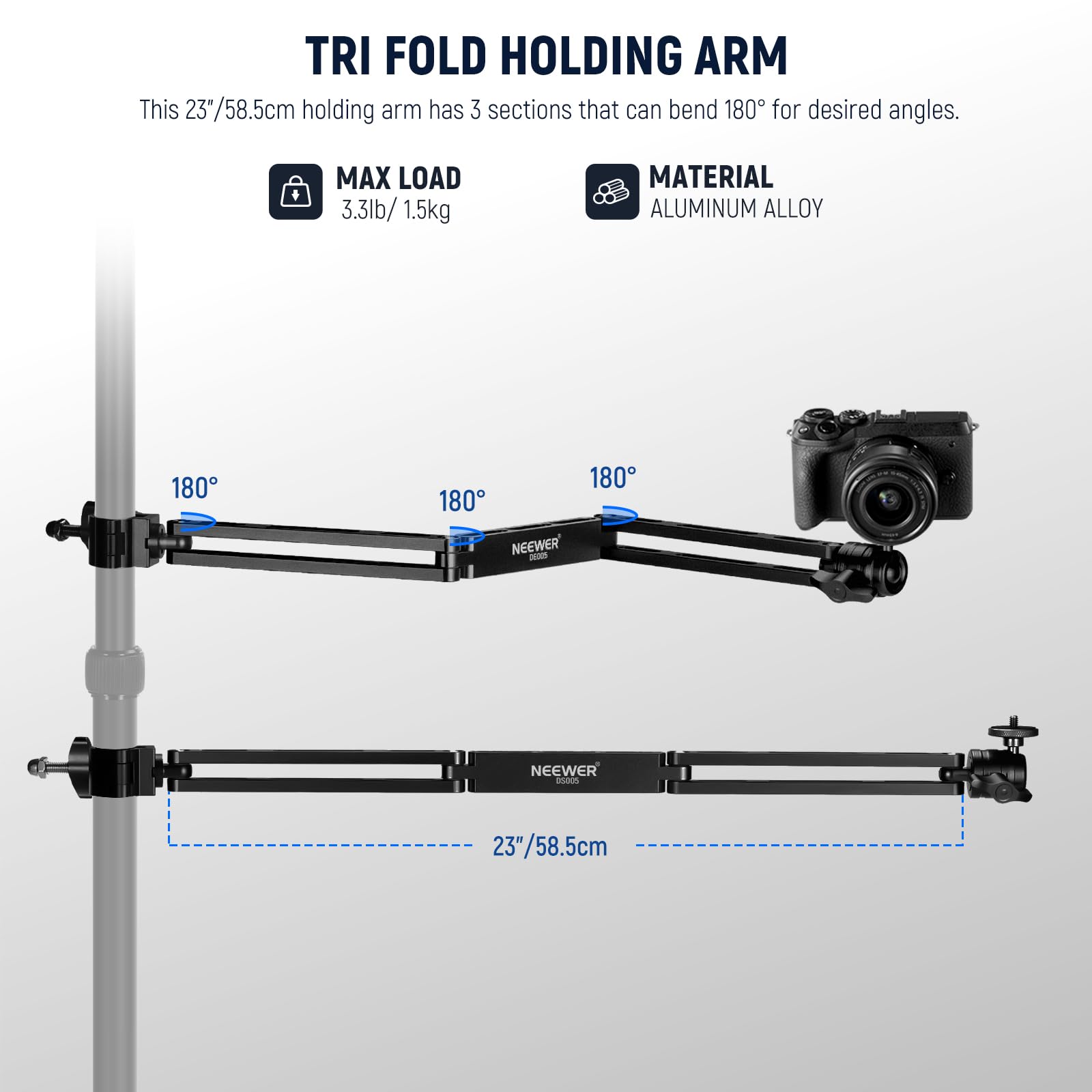 NEEWER Bras de Montage de Caméra Aérienne, 23"/58,5cm Extensible Articulé à 3 Volets avec Vis à Tête Sphérique pour Support de Bureau Webcam Microphone Annulaire LED, Max.3,3lb/1,5kg, DS005(Noir)