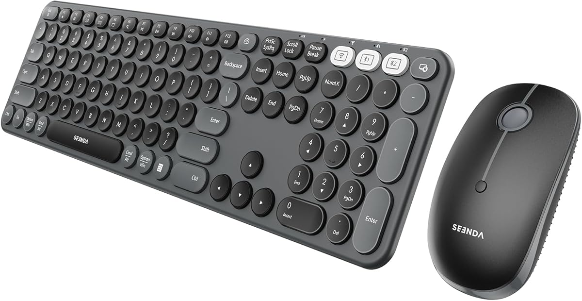 seenda Bluetooth Keyboard and Mouse Combo, COE202 2.4G USB + Dual Bluetooth, Round Cute Keycaps, Full Size Wireless Keyboard Mouse Compatible for PC/Computer/Laptop/Mac/MacBook Pro/Air/iPad, Black