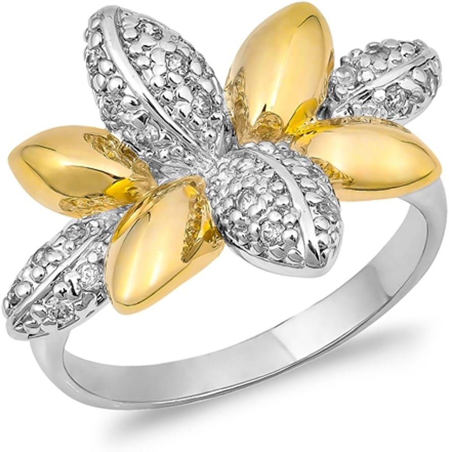 White CZ Beautiful Gold-Tone Lotus Flower Ring Sterling Silver Band Sizes 5-9