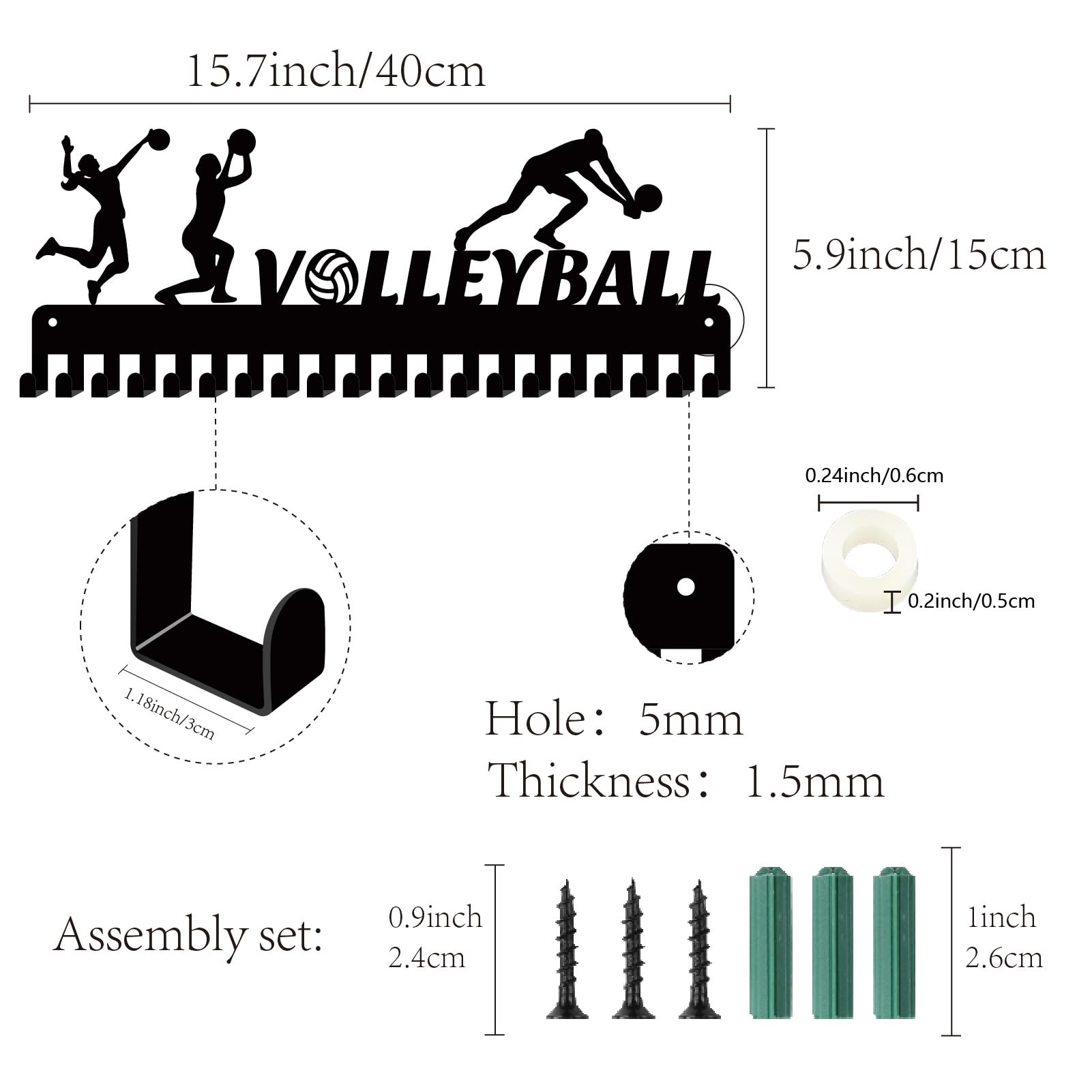 CREATCABIN Porte-médailles de volleyball en métal à suspendre avec 20 crochets pour médailles de compétition ou de volleyball Noir 40 x 15 cm
