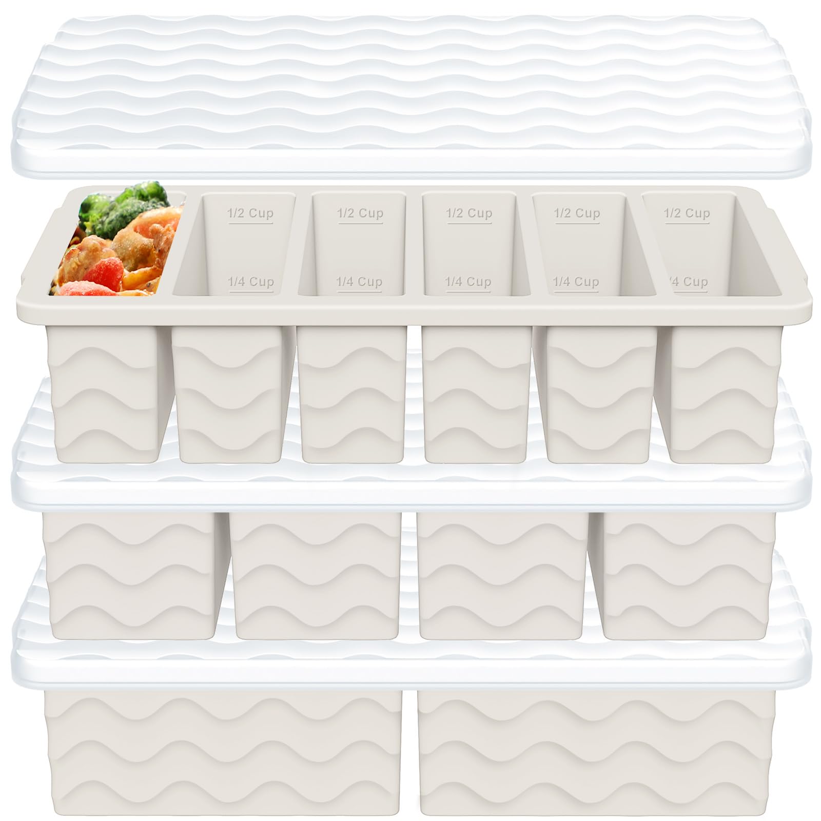 3-Pack Silicone Freezer Trays with Lid,2 Large 2-Cup(500ml)&4 Medium 1-Cup(125ml)&6 Small 1/2-Cup(75ml) Soup Freezer Container Molds,Ice Cube Tray For Meal Prep&Freezing Soup,Stews,Sauces